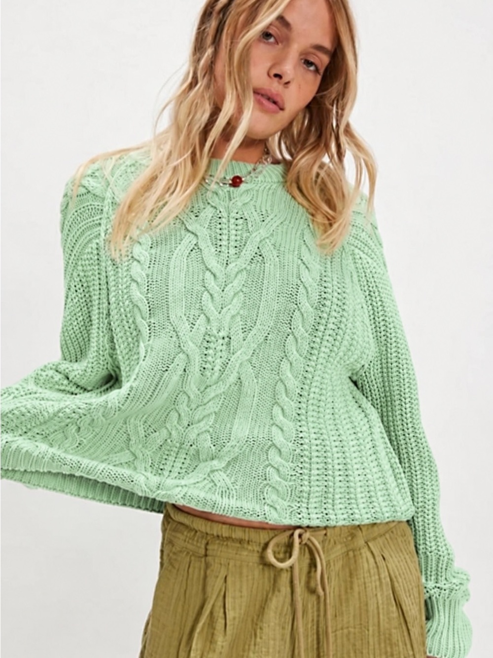 NWT Free People Frankie Cable Knit Cotton Sweater Patina Green Lime LARGE